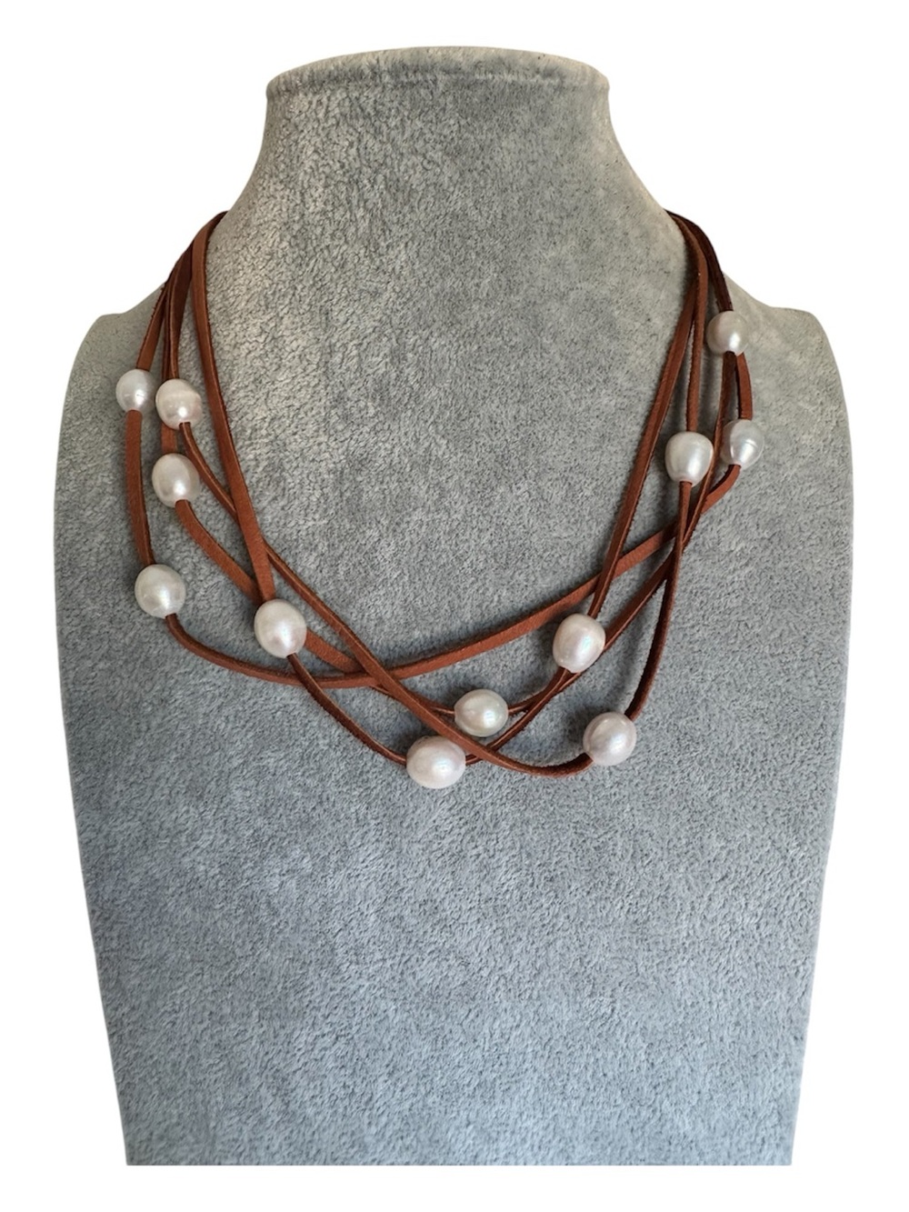 Sundance Brown Suede Leather Multi-Strand Necklace with White Pearls NEW